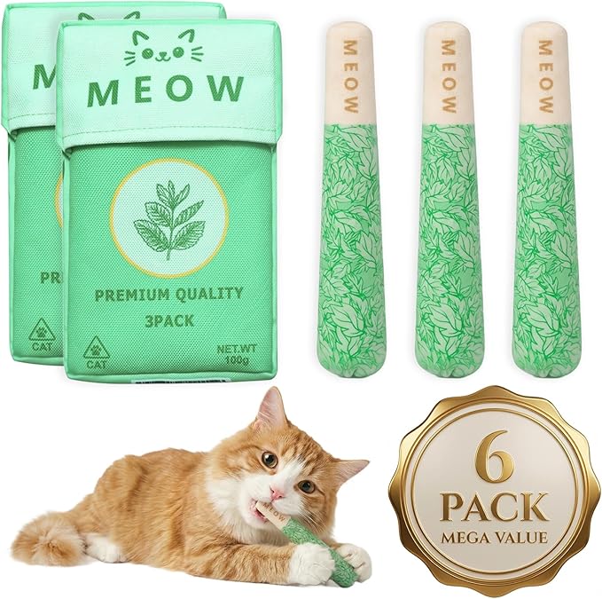 6 Pack Catnip Toys for Cats, Organic Cat Chew Toy and Safe Kitten Teething Chew and Kicker Toys, Funny Pre-Roll Shape for Cat Anxiety Relief, Stress Relieving Fun for Indoor Cats