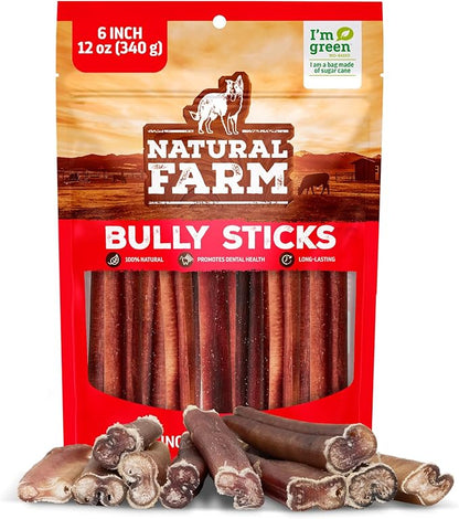Natural Farm Bully Sticks, Odor-Free, (6 Inch, 12 Ounces), Packaged by Weight, 100% Beef Pizzle Chews, Grass-Fed, Fully Digestible Treats to Keep Your Puppies, Small and Medium Dogs Busy