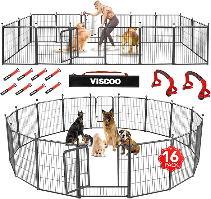 VISCOO Dog Playpen Outdoor, 16 Panels 32" H Dog Pen Indoor, Metal Dog Fence Outdoor, Pet Fence for Large/Medium/Small Dogs, Indoor Puppy PlayPen, Dog Fence Exercise Pen for RV,Camping,Yard