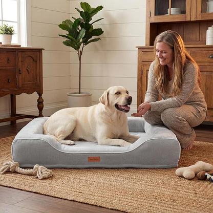 42 Inch XL Orthopedic Dog Bed for Large Dogs Up to 80lbs,Cooling Gel Memory Foam Dog Couch Bed with 4-Sided Bolster,Waterproof Washable Cover,Non-Slip Bottom,Grey