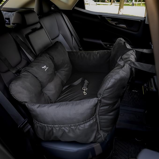 JACKO & CO - Premium Dog Car Seat v2 Booster Seat for Small & Medium Pets Under 40lbs - Machine Washable w Removable Covers, Water Resistant w Clip-On Leash for Back Seat Use (Black Medium (20-40lbs)