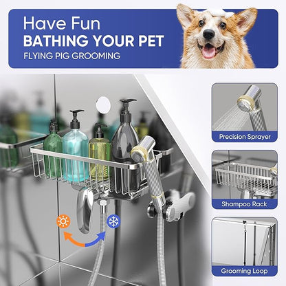 Flying Pig 50" Stainless Steel Pet Dog Grooming Bath Tub with Walk-in Ramp & Accessories (Left Door/Right Drain)