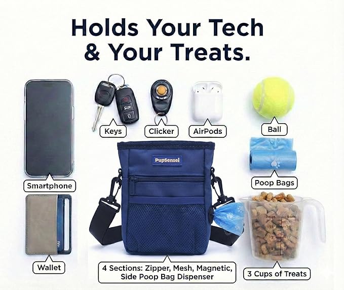 PupSensei Dog Treat Pouch for Training – Magnetic Dog Treat Bag with Belt Clip & Poop Bag Dispenser – Hands Free Carry Pouch with Auto-Close Access & Shoulder Strap – Durable Pet Gear – Navy Blue