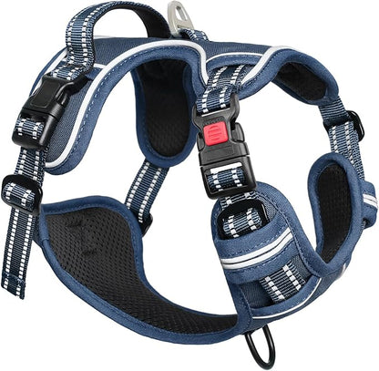 Timos Dog Harness Large Sized, No Pull Pet Harness with Neck Lockable Snap,No Choke Front Clip Dog Reflective Vest,Adjustable Metal Rings 3 Buckles,Easy Control Handle for Large Dogs Royal Blue L