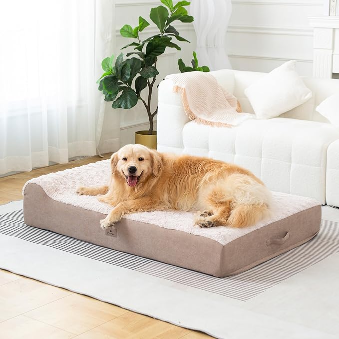 PetFun Jumbo Orthopedic Dog Bed for Large Dogs - 7-inch Thick Memory Foam Dog Bed with Pillow Removable Cover Machine Washable (Off-White | Textured Plush), 50''L x 34''W x 10''Th I Extra Large