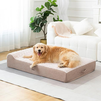 PetFun Jumbo Orthopedic Dog Bed for Large Dogs - 7-inch Thick Memory Foam Dog Bed with Pillow Removable Cover Machine Washable (Off-White | Textured Plush), 50''L x 34''W x 10''Th I Extra Large