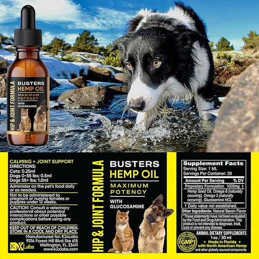 Busters Hip and Joint Hemp Oil for Dogs Formula with Glucosamine, 2Pack 2Month Supply, Soothing Relief for Cats, and Pets, Advanced Mobility Support