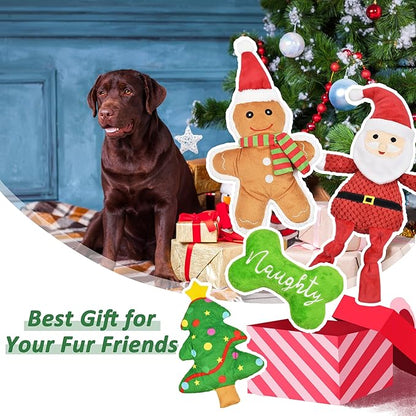 LECHONG Christmas Dog Toys, 4pcs Stuffed Dog Squeaky Toys for Teething and Chewing, Tough Xmas Gift Toy Bundle Santa Toys for Small Large Dogs Puppy