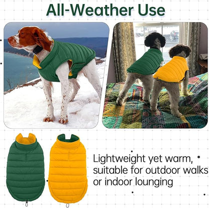 Lelepet Reversible Dog Coat Waterproof Dog Jacket Windproof Puffer Vest for Winter Warm Lightweight Coats for Small Dogs Adjustbale Hook & Loop Pet Apparel with Leash Hole, Chihuahua, Green, XS