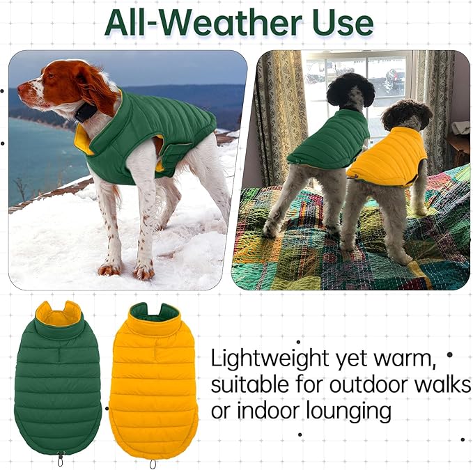 Lelepet Reversible Dog Coat Waterproof Dog Jacket Windproof Puffer Vest for Winter Warm Lightweight Coats for Large Dogs Adjustbale Hook & Loop Pet Apparel with Leash Hole, Golden Retriever, 3XL