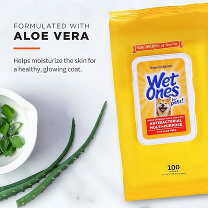 Wet Ones Multi Purpose Pets Wipes for Dogs, with Aloe Vera, Antibacterial, Kills Germs, Tropical Splash Scent, Pack of 3, 100 Count Pouches, 300 Wipes Total