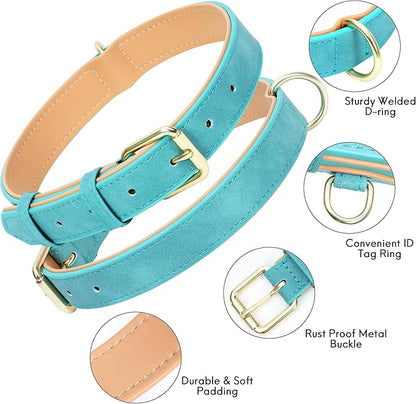 Leather Dog Collar for Small Medium Large Dogs, Soft Padded Dog Leather Collar with Heavy Duty Gold Buckle, Durable & Comfortable for Large Dogs Daily Walking (Teal, L)