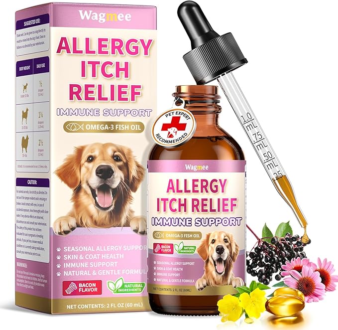 Wagmee Allergy Relief Drops for Dogs, Dog Itchy Skin Relief with Fish Oil, Omega-3, Turmeric & Natural Anti Itch for Dogs Ears & Paw Relief - Dog Seasonal Allergies, Skin & Coat Immune Supplement