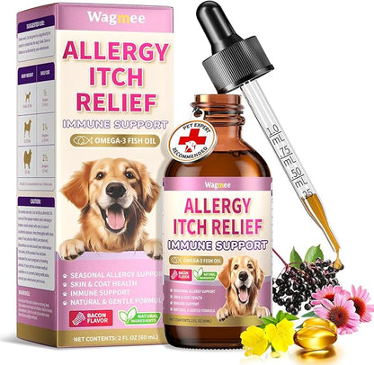 Wagmee Allergy Relief Drops for Dogs, Dog Itchy Skin Relief with Fish Oil, Omega-3, Turmeric & Natural Anti Itch for Dogs Ears & Paw Relief - Dog Seasonal Allergies, Skin & Coat Immune Supplement