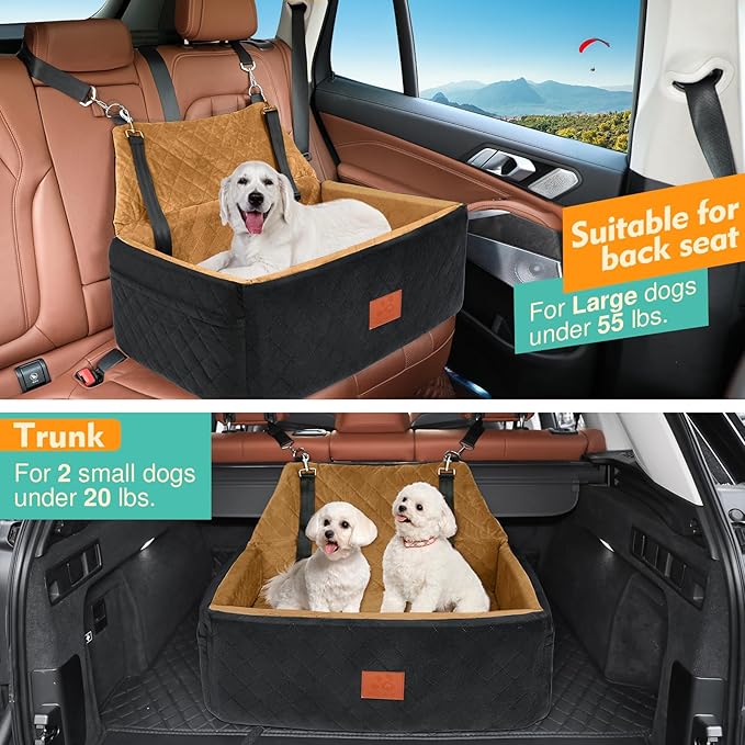 NEEZUKAR Dog Car Seat for Large Medium Dogs,Washable Pet Car Seat Under 55 lbs or 2 Small Dogs,Dog Booster Seat with Thick Cushion,2 Safety Leashes Travel Car Dog Bed
