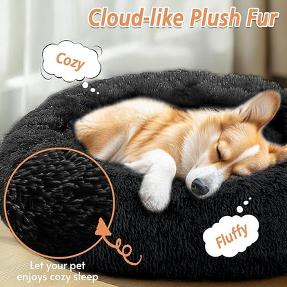 JOLLYVOGUE Calming Dog Bed Medium Size Dog, Anti-Anxiety Donut Medium Pet Bed, 31 inches Fluffy Faux Fur Round Cat Bed, Fits up to 45 lbs Pets (Black)