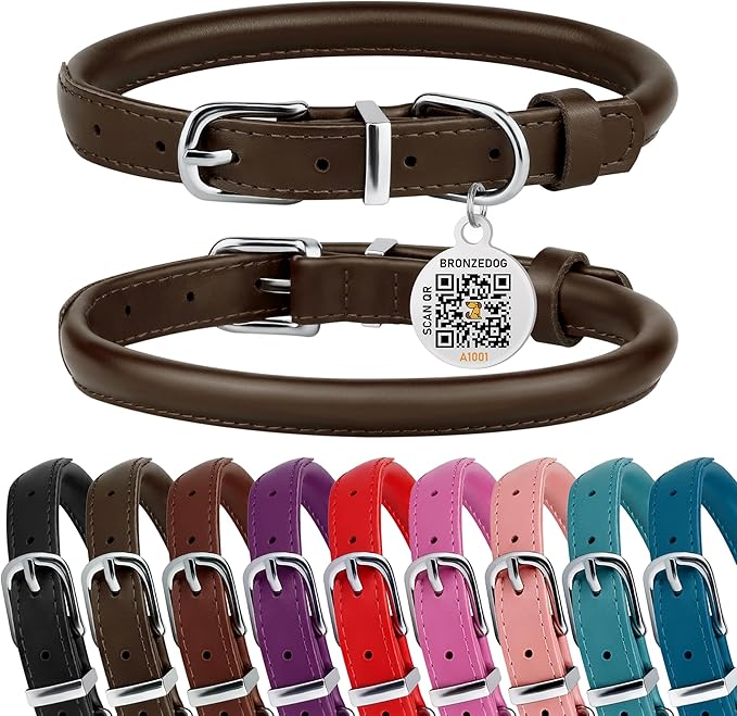 BRONZEDOG Rolled Leather Dog Collar for Small Medium Large Dogs with QR ID Tag (L: 16-18 Inch, Coffee Brown)