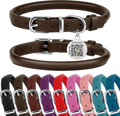BRONZEDOG Rolled Leather Dog Collar for Small Medium Large Dogs with QR ID Tag (L: 16-18 Inch, Coffee Brown)