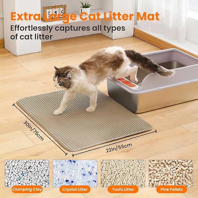 Petinstinct Extra Large Cat Litter Mat, 30x22 Inches Honeycomb Double Layer Cat Litter Trapping Mat, Non Slip Waterproof Urine Proof Large Kitty Litter Box Mat for Floor, Kitten Supplies, XL, Beige