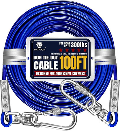 Tie Out Cable for Large Dog, 100ft Pet Runner for Yard, 30/40/50ft Run Leash Heavy Duty Swivel Hooks Heavy Duty Lead Steel Wire Dog Chain Leash Cable Perfect for The Yard, Camping, Beach