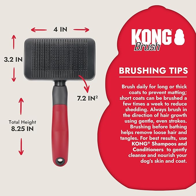 KONG Large Self-Cleaning Slicker Brush – Easy Hair Removal, Reduces Shedding, Non-Slip Grip, Long Metal Pins, for Medium to Large Dogs with Medium to Long Coats, Red/Gray
