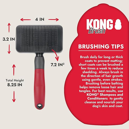 KONG Large Self-Cleaning Slicker Brush – Easy Hair Removal, Reduces Shedding, Non-Slip Grip, Long Metal Pins, for Medium to Large Dogs with Medium to Long Coats, Red/Gray