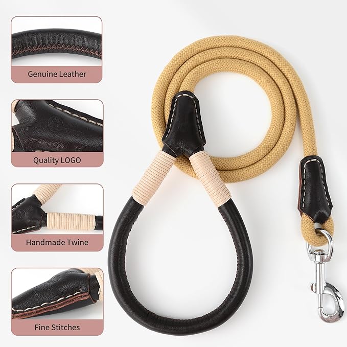 Mile High Life Genuine Leather Wrapped Handle Dog Leash, w Heavy Duty Clasp Rope Leash for Small Medium Large Dogs (Yellow, 5FT)