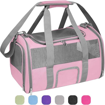 Seclato Soft Side Cat Carrier Airline Approved for Puppy Kitten Dog Carriers for Small Medium Cats Under 15lb, Collapsible TSA Approved Travel Pet Carrier, Pink with Grey