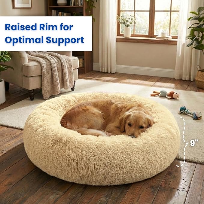 WisQoo Calming Donut Pet Bed – Plush & Supportive Round Bed with Extra Filling for Comfort – Removable Cover & Water-Resistant Liner – Cozy, Fluffy Nest for Dogs & Cats (Beige, 30" L x 30" W x 9”Th)