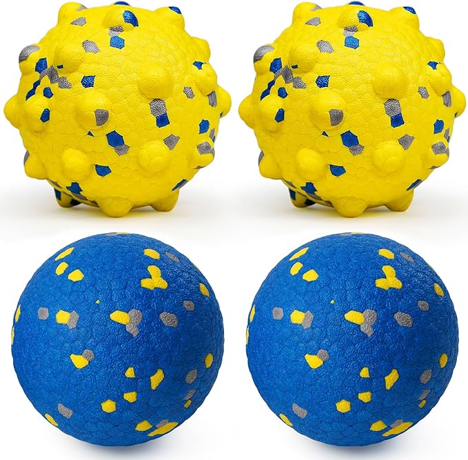 Moonorange Dog Tennis Balls for Aggressive Chewers, Indestructible Durable Bouncy Interactive Toy for Dogs Fetch Game Lightweight Floating Outdoor Training(2 Yellow Point+ 2 Blue Circle Large)