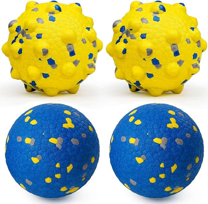Moonorange Dog Tennis Balls for Aggressive Chewers, Indestructible Durable Bouncy Interactive Toy for Dogs Fetch Game Lightweight Floating Outdoor Training(2 Yellow Point+ 2 Blue Circle Large)