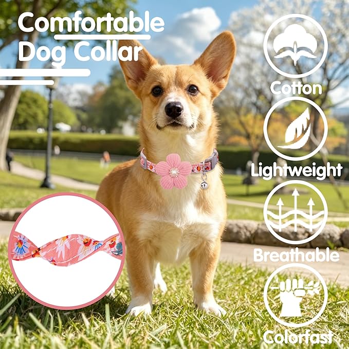 Small Dog Collar with Flower, Puppy Collar for Girl Dog Collars for Small Dogs Cute Dog Collar with Bell, Adjustable Length