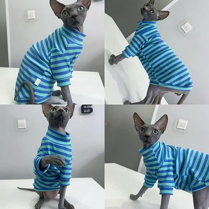 Snixfever Striped Waffle Knit Shirt for Sphynx Cat, 2-Leg Long Sleeve Lightweight Outfit for Hairless Cats, Soft All-Season Pet Clothes (Blue, Small (2.5-3.5lbs))
