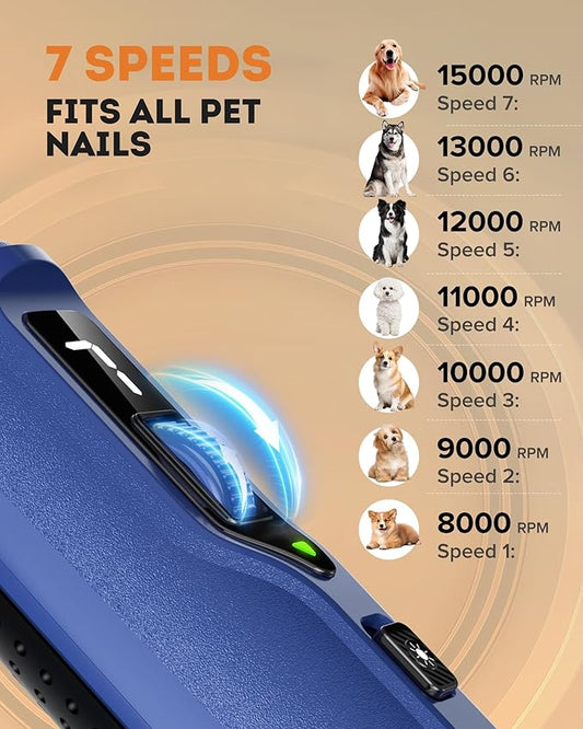 7-Speed Dog Nail Grinder with LED Light – Ultra Quiet Electric Pet Nail Trimmer for Large Dogs & Cats – Professional Grooming Tool with Dust Collector, One-Hand Speed Control & Instant Stop Safety