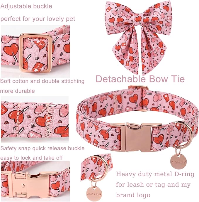 UP URARA PUP Valentine’s Day Dog Collar with Bow Tie, Pink Heart Bowtie Collar with Metal Buckle, Valentine’s Day Gift Pet Collar for Puppy Girl Boy Dog or Cat, Wedding Dog Collar,XL, Neck 16-26in