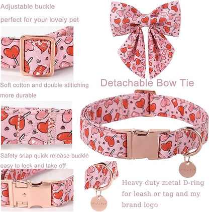 UP URARA PUP Valentine’s Day Dog Collar with Bow Tie, Pink Heart Bowtie Collar with Metal Buckle, Valentine’s Day Gift Pet Collar for Puppy Girl Boy Dog or Cat, Wedding Dog Collar, XS, Neck 8-12in