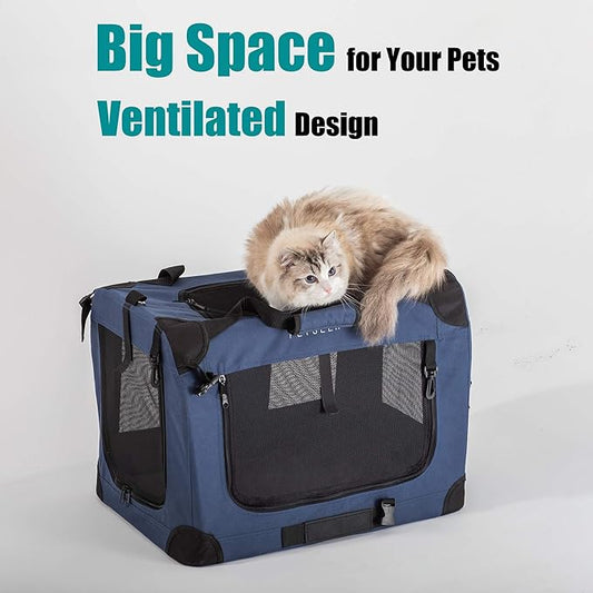Petseek Extra Large Cat Carrier Soft Sided, Portable Small Dog Carrier for 2 Cats, 24"x16.5"x16" Car Travel Folding Comfortable Design with Bowl, Blue