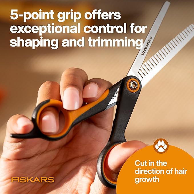 Fiskars Pet, Dog and Cat Grooming Scissors, Serrated Teeth for Thinning & SoftGrip Handle, Cat and Dog Supplies, Orange/Black, Blending Scissors