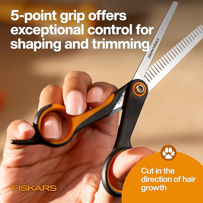 Fiskars Pet, Dog and Cat Grooming Scissors, Serrated Teeth for Thinning & SoftGrip Handle, Cat and Dog Supplies, Orange/Black, Blending Scissors