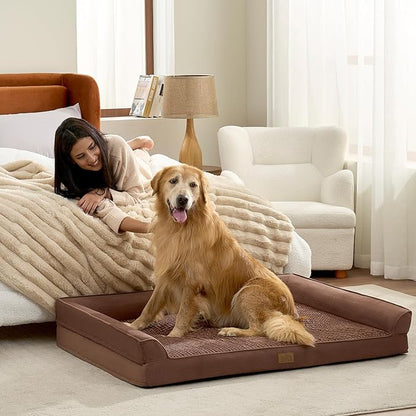 COZY KISS Dog Beds for Extra Large Dog, XXL Bolster Pet Couch with Waterproof Lining, Egg Crate Foam Sofa for Pets Up to 150 lbs, U-Shaped, 48x35x8 inch, Brown