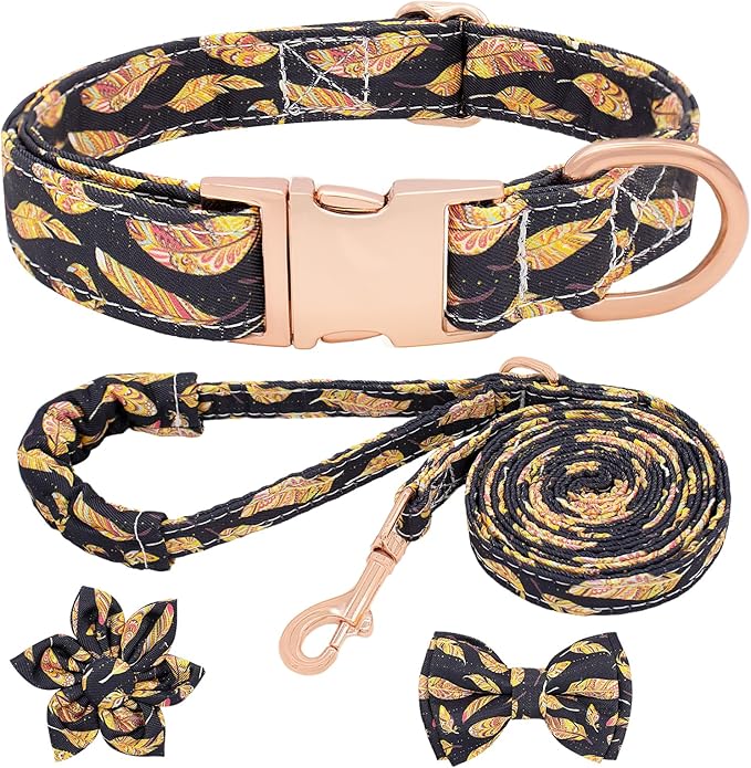 Dog Collar and Leash Set Adjustable Girls Puppy Floral Collars with Bow Tie for Small Medium Large Dogs(M, Feather)