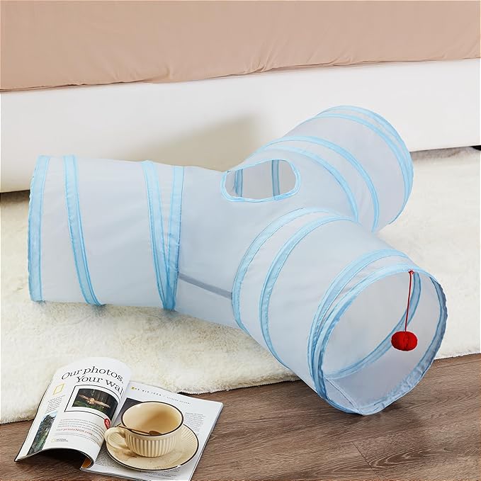 Tempcore Pet Cat Tunnel Collapsible Toy, 3-Way Kitty Tunnel with Peek Hole & Ball - Indoor Play Tube for Cats, Kittens, Puppy, Rabbit - Light Grey Boredom Relief Toy