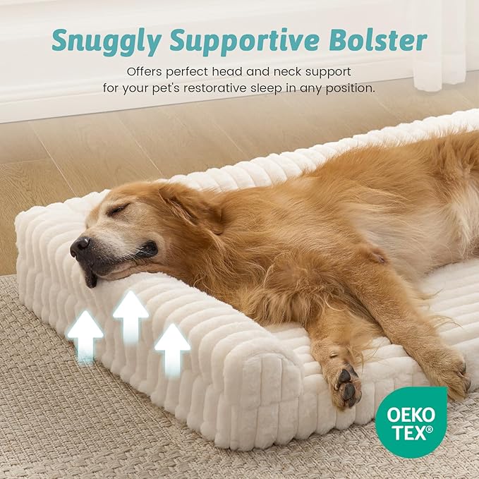 Cute Dog Bed, Faux Rabbit Fur Orthopedic Foam Dog Bed with Sides, Removable Washable Cover & Waterproof Lining, Comfortable Pet Couch for Large Dogs, Cream (44" L x 32" W x 7" Th)
