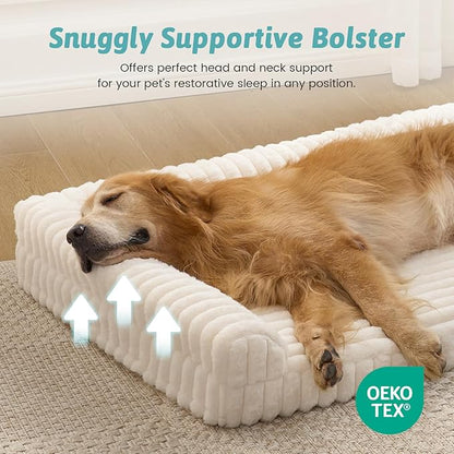Cute Dog Bed, Faux Rabbit Fur Orthopedic Foam Dog Bed with Sides, Removable Washable Cover & Waterproof Lining, Comfortable Pet Couch for Large Dogs, Cream (44" L x 32" W x 7" Th)