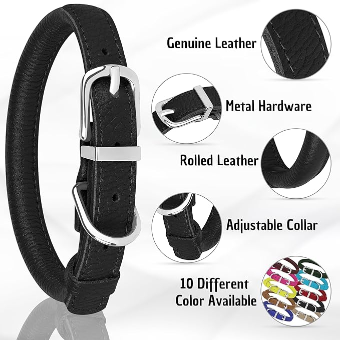 OOPSDOGGY Rolled Leather Dog Collar Soft Roll Collars for Small Medium Large Dogs Puppy (Black, L, 14"-18")
