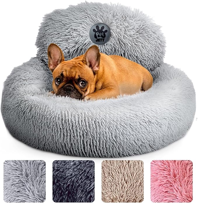PetJett Calming Small Dog Bed - 23'' Round Dog Beds, Anti-Slip & Washable Super Soft Fluffy Plush Faux Fur Pet Bed, Anti-Anxiety Premium Comfort Donut Puppy Bed, Fits Dogs up to 25 lbs - Bright Grey