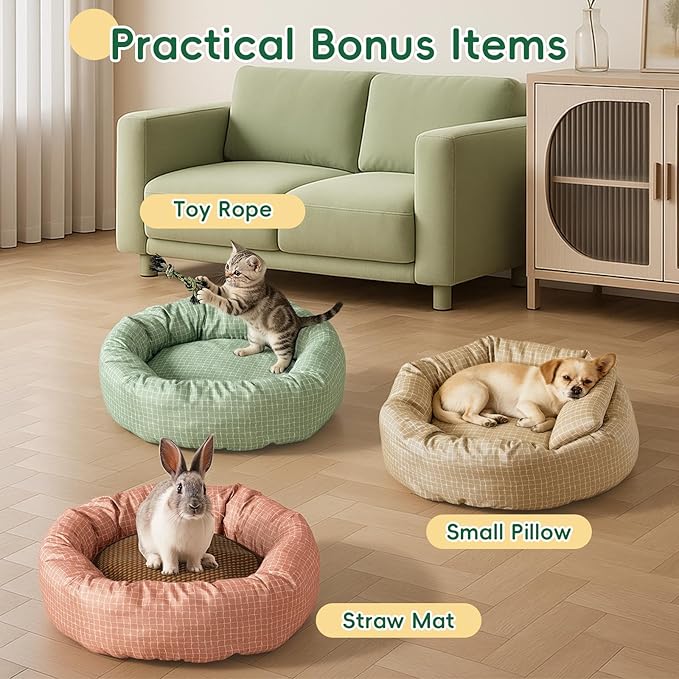 Colewin Small Cat Bed for Indoor Cats Dogs, Washable Round Donut Pet Bed for Puppies Kittens, Cute Rabbit Bunny Beds with Reversible Winter & Summer Cushion for Pets Up to 8lbs (Yellow)