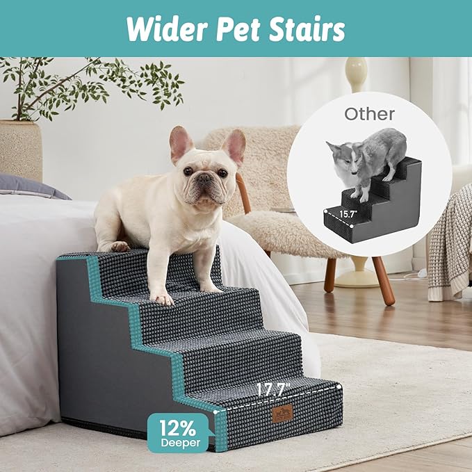 COZY KISS Dog Stairs for Small Dogs, 17.7" Extra Wide Right-Angle Pet Stairs for Couch and Beds, Anti-Slip Dog Steps for Old Cats and Lowrider, 17.7x23.6x17.7 inch, Dark Grey
