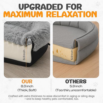 Miorun Fluffy Orthopedic Dog Bed for Extra Large & Jumbo Dogs, Calming Plush Sofa Bed with Curved Bolster Support, 48" Cozy Oval Pet Donut Bed with Washable Cover, Gray