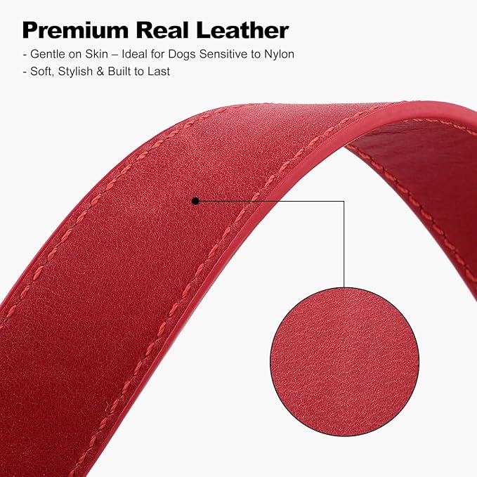 Plutus Pet Genuine Leather Dog Collar – Adjustable Pet Collar with Quick Release Metal Buckle, Soft Real Leather for Small Medium Large Dogs, Heavy Duty & Skin-Friendly (Red, M)